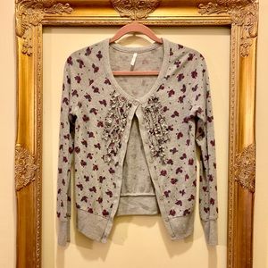 gray cardigan with purple flowers